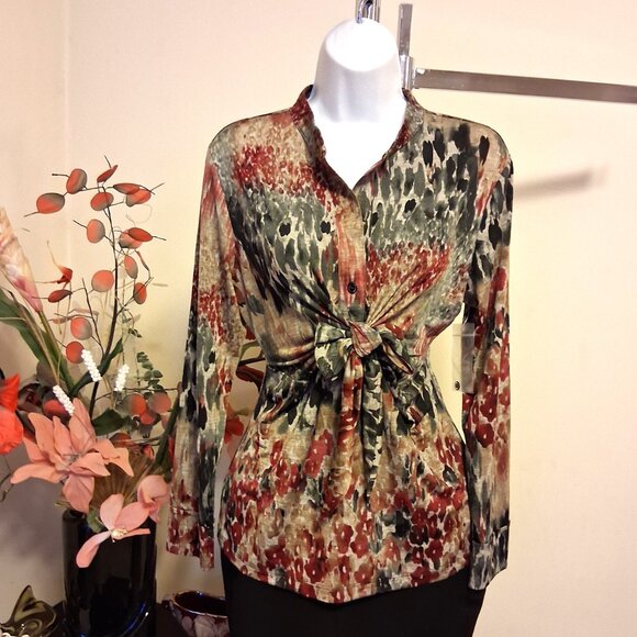 NWT Robert Kitchen Women's Burgundy Black Beige Printed Blouse Size 10 M - Picture 6 of 13